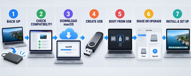 Complete macOS installation workflow from backup to final setup