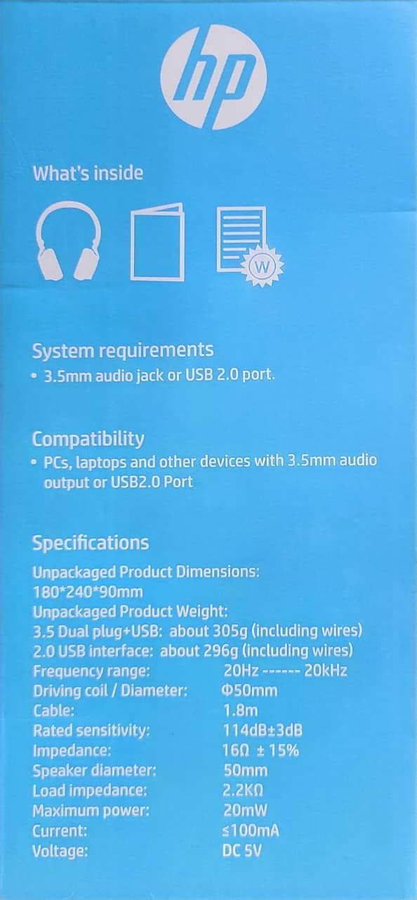HP H200S gaming headset specifications printed on box