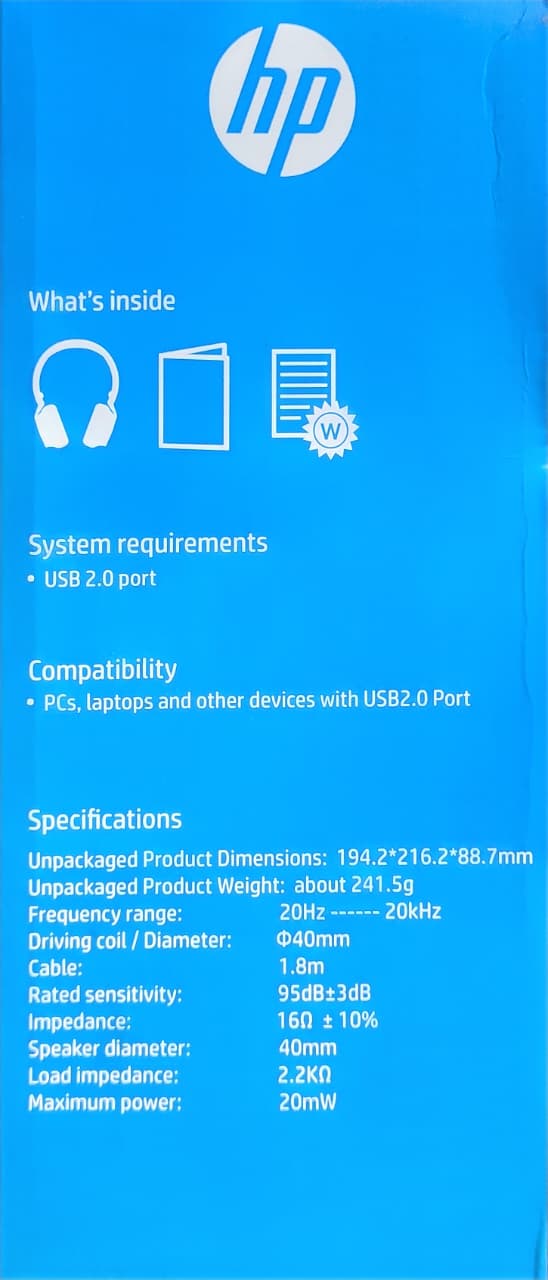 HP H320 headset specifications and USB 2.0 compatibility printed on box
