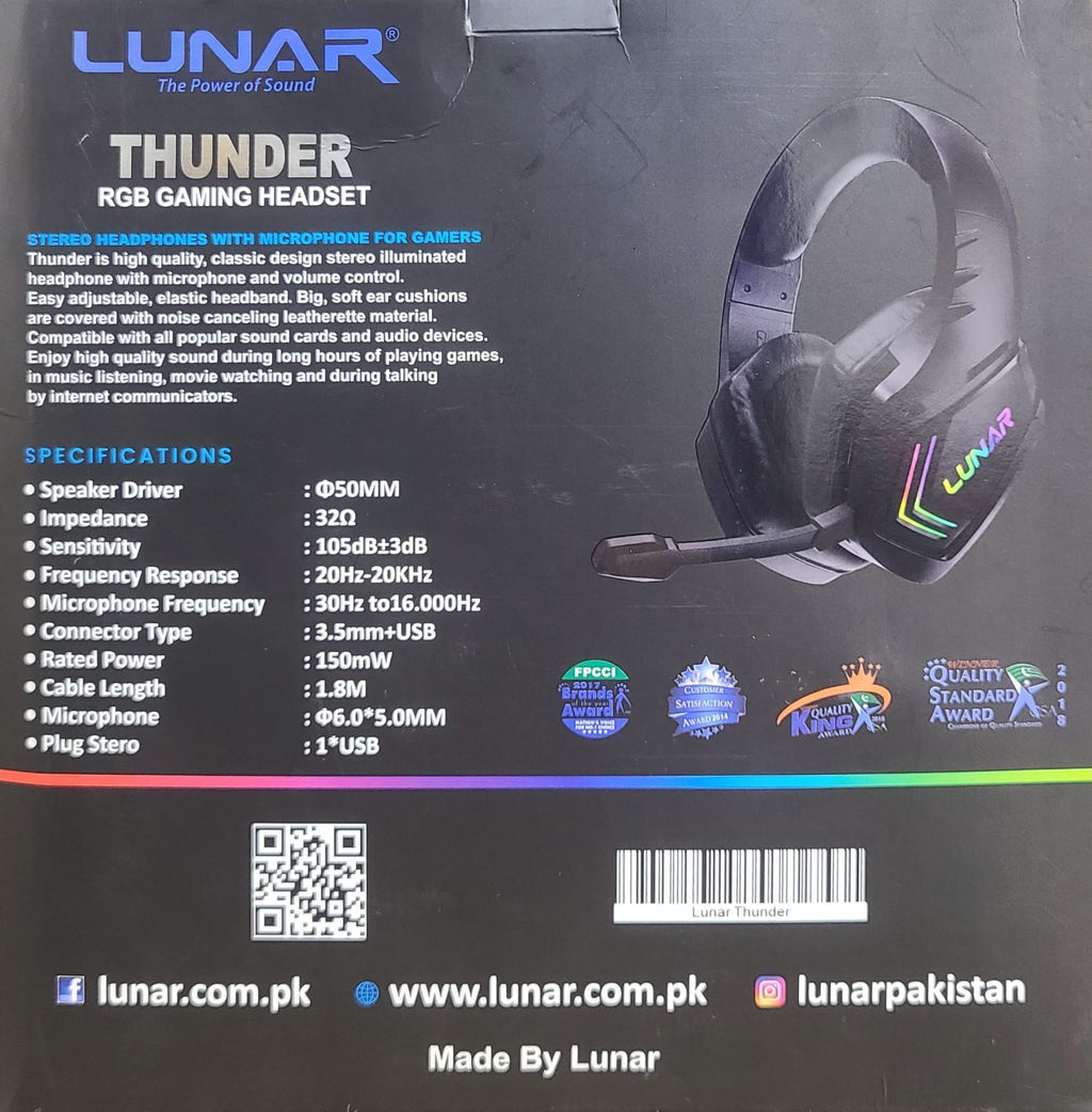 Lunar Thunder gaming headset features and specifications printed on box