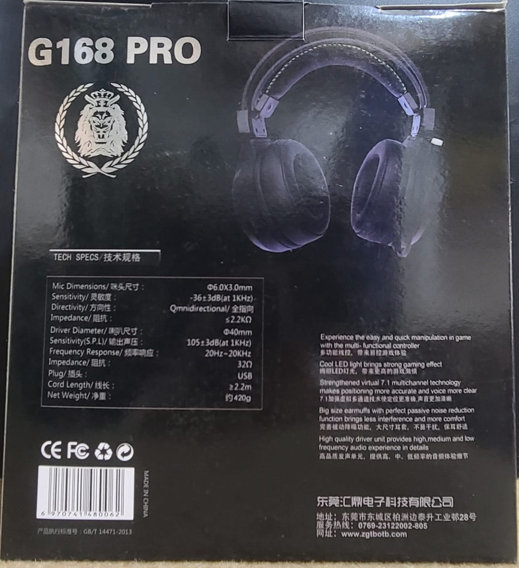 TBOTB G168 Pro gaming headset specifications box